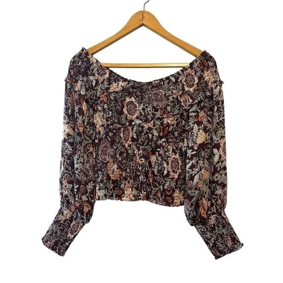 BB Dakota x Steve Madden Burgundy Floral Smocked Off-Shoulder Blouse Top Size M - Picture 2 of 9